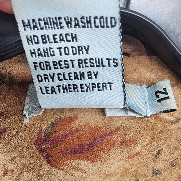 Vintage ITW Floral Print Suede Leather Jacket 12 Women's Button Down Boho Tan - Picture 8 of 8